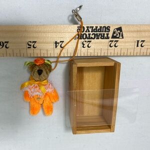 Department 56 Miniature Orange Felt Bear Keychain in Wooden Box Jointed Arms